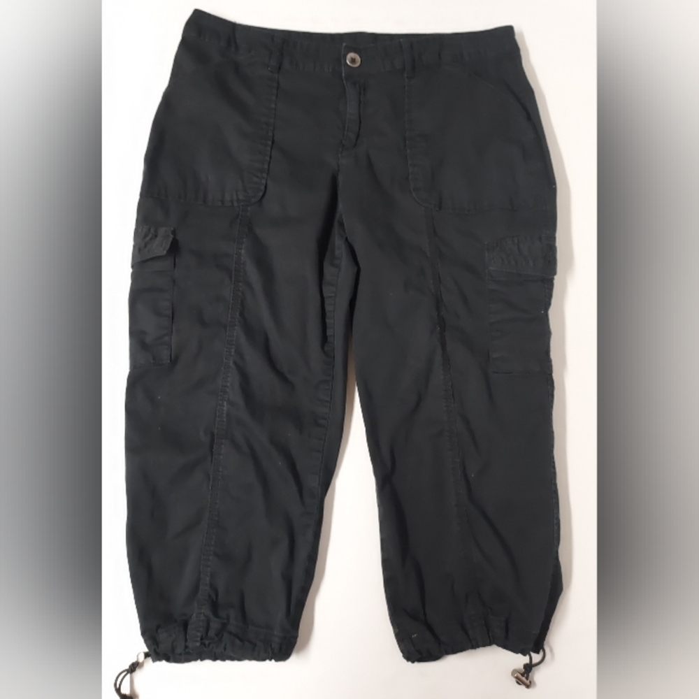 Women's Plus Time and Tru Black Cargo Cotton Twill Capri Pants w Pockets Size 14